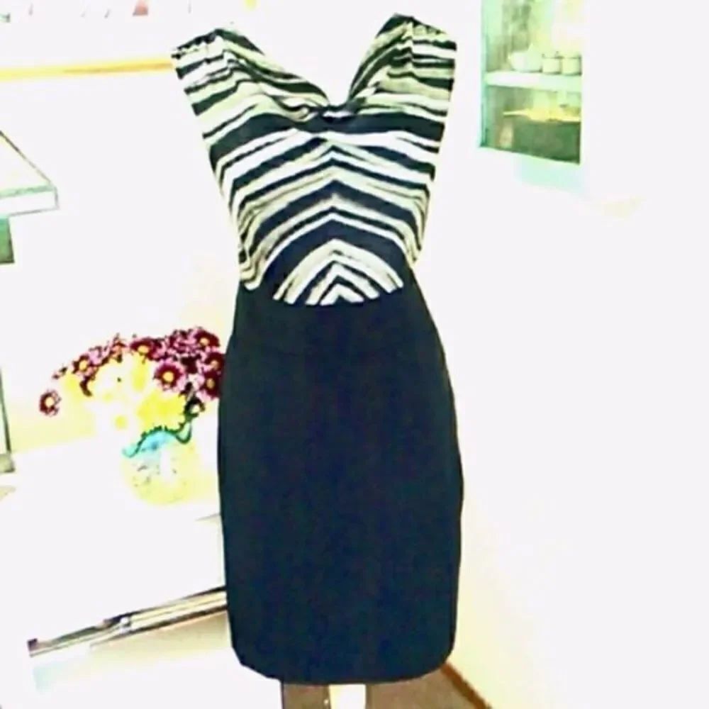 The Limited Gray, White and Black Striped Drape Front Dress